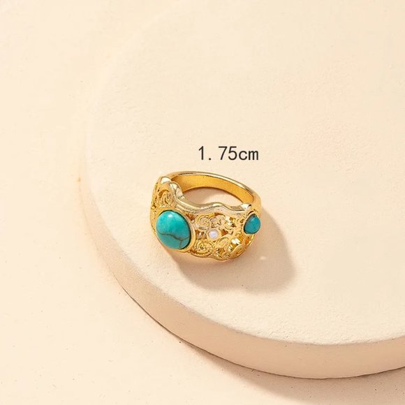Western Baroque Gold Turquoise & Pearl Southwestern Statement Ring NEW - Picture 5 of 6